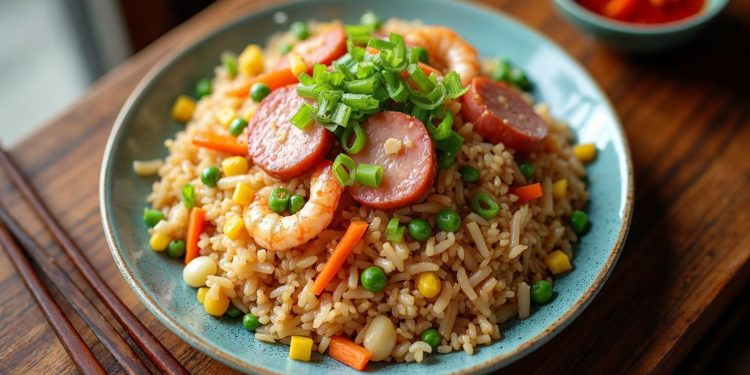 Đĩa cơm chiên Dương Châu với lạp xưởng, tôm, trứng, đậu Hà Lan và cà rốt