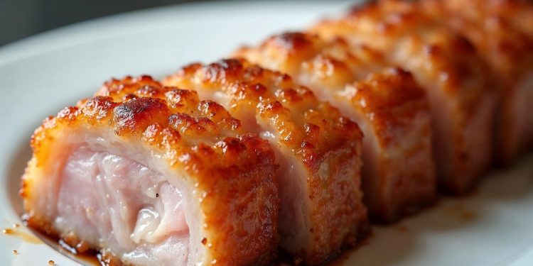 Heo quay da giòn thái miếng với lớp bì vàng nổ giòn