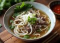 Tô phở bò với bánh phở, thịt bò, hành lá, rau thơm và nước dùng
