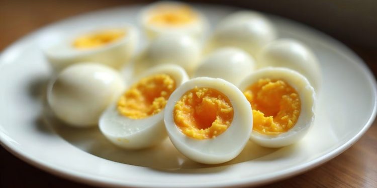 Đĩa trứng luộc, một quả cắt đôi lộ lòng đỏ lòng đào